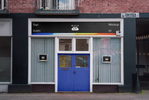 Street-level shop facade mockup with signage in urban Dublin setting, editable design for storefront presentation, ideal for showcasing branding.